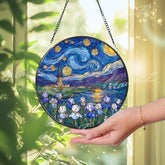 Starry Night Stained Glass Suncatcher, Round Van Gogh Inspired Window Panel with Blue Irises and Church, Artistic Starry Sky Home Decor Gift